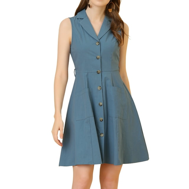 Vestido sin mangas de camisa con cuello de solapa y cinturón de ajuste y vuelo para mujer INSPIRE CHIC en gris azul XL
