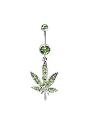 Green gemstone weed emblem heart design belly button piercing ring 14g