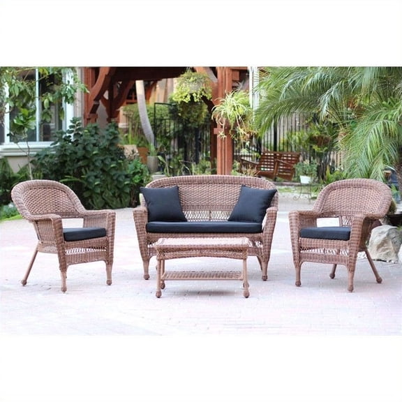 Jeco 4pc Wicker Conversation Set in Honey with Black Cushions