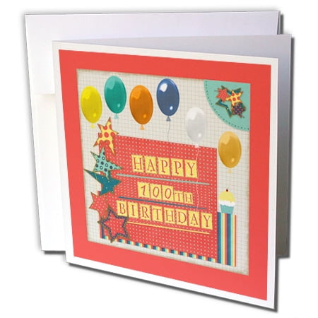 3dRose, 100th Birthday, Balloons, Cupcake, Stars, Block Letter, Orange, Green, 1 Greeting Card with envelope