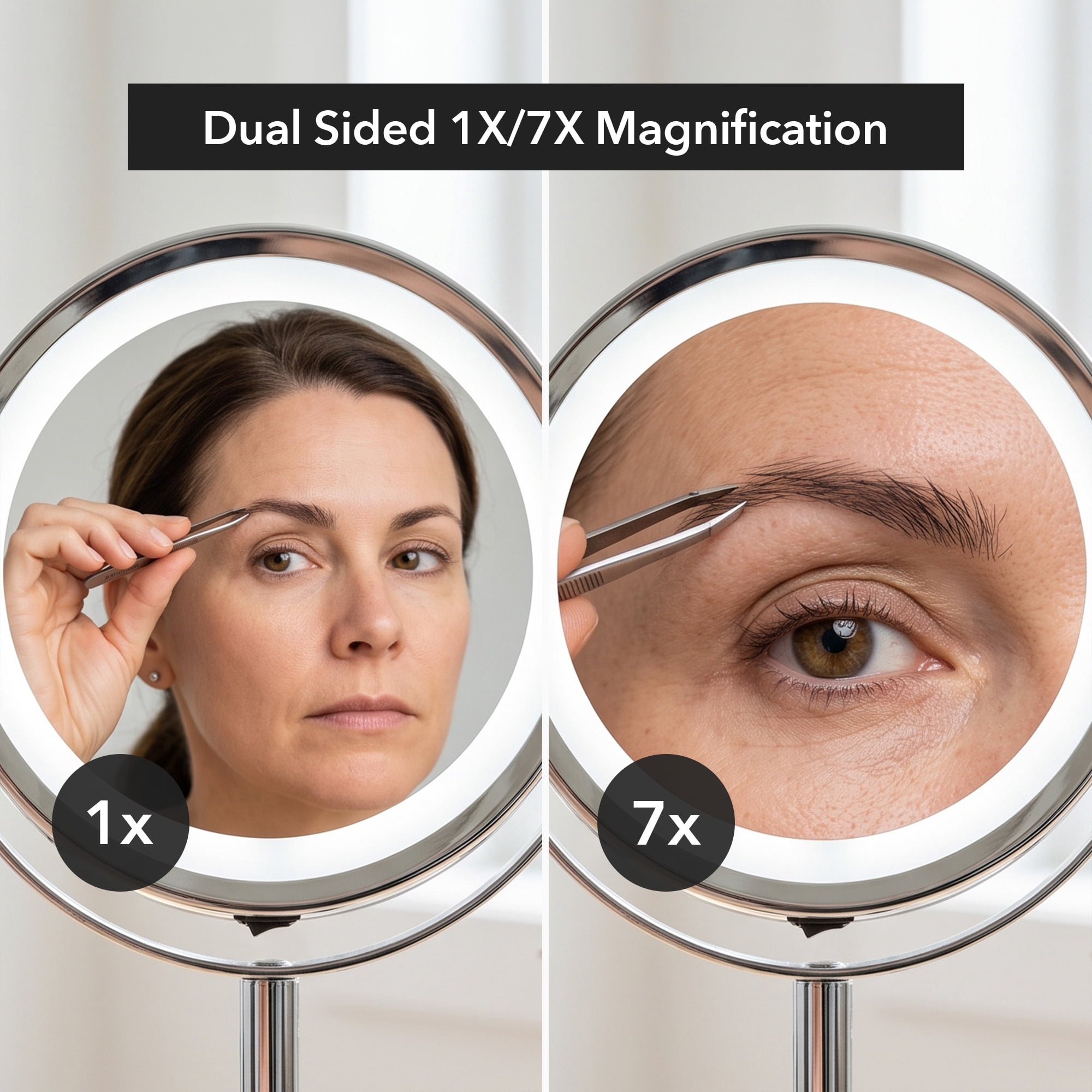 OVENTE 6" Lighted Makeup Mirror with 1X/7X Magnification, Cordless Tabletop Mount Vanity Round Mirror with 360° Swivel Design and Double Sided Cool Tone LED Ring Light, Polished Chrome MLT60CH1X7X