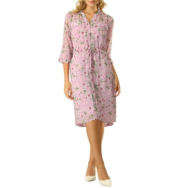 INSPIRE CHIC Vestido Camisero Floral Elegante para Mujeres con Cuello en V, Manga 3/4, Con Cinta Frontal, Vestido de Chifón Fluido XL Morado Rosa
