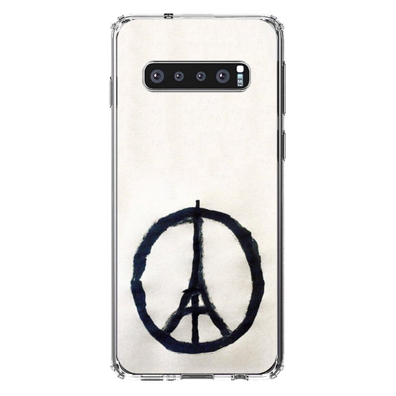 DistinctInk Clear Shockproof Hybrid Case for Samsung Galaxy S10 (6.1" Screen) - TPU Bumper, Acrylic Back, Tempered Glass Screen Protector - Paris Peace Symbol - Paris