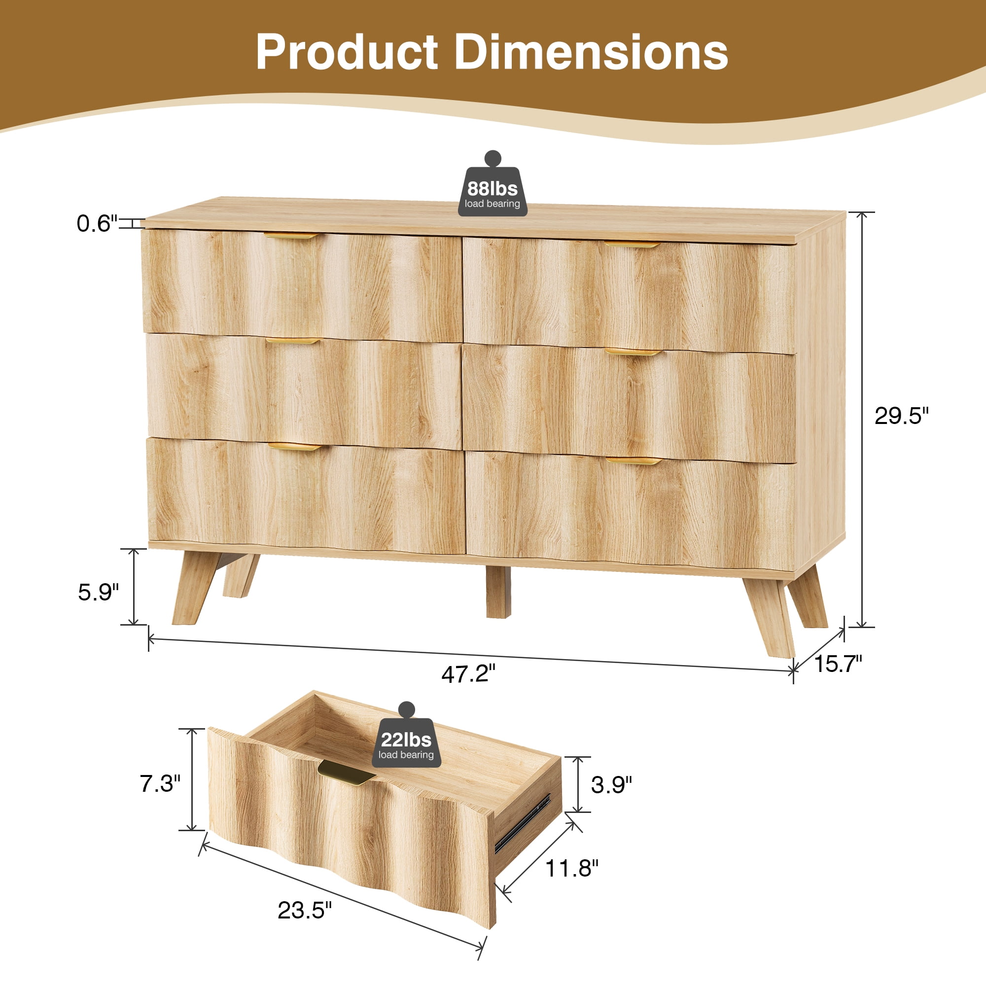 Weselon 6 Drawer Dressers for Bedroom, Modern Closet Chest of Drawers with Waveform Fluted Panel, Large Wood Storage Dresser Organizer for Bedroom Living Room Hallway Closet, Natural