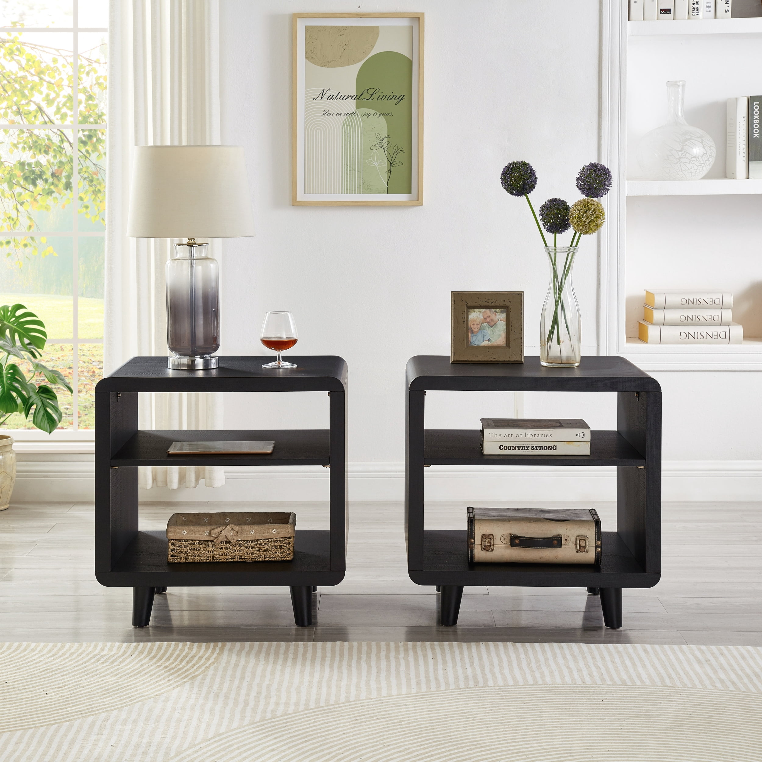 Roundhill Furniture Lux Modern Wood Shelf Side Table, Bedside Nightstand, Black