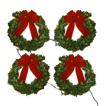 Window Lit Christmas Wreath Set 4 With Red Bows Greenery Plug In