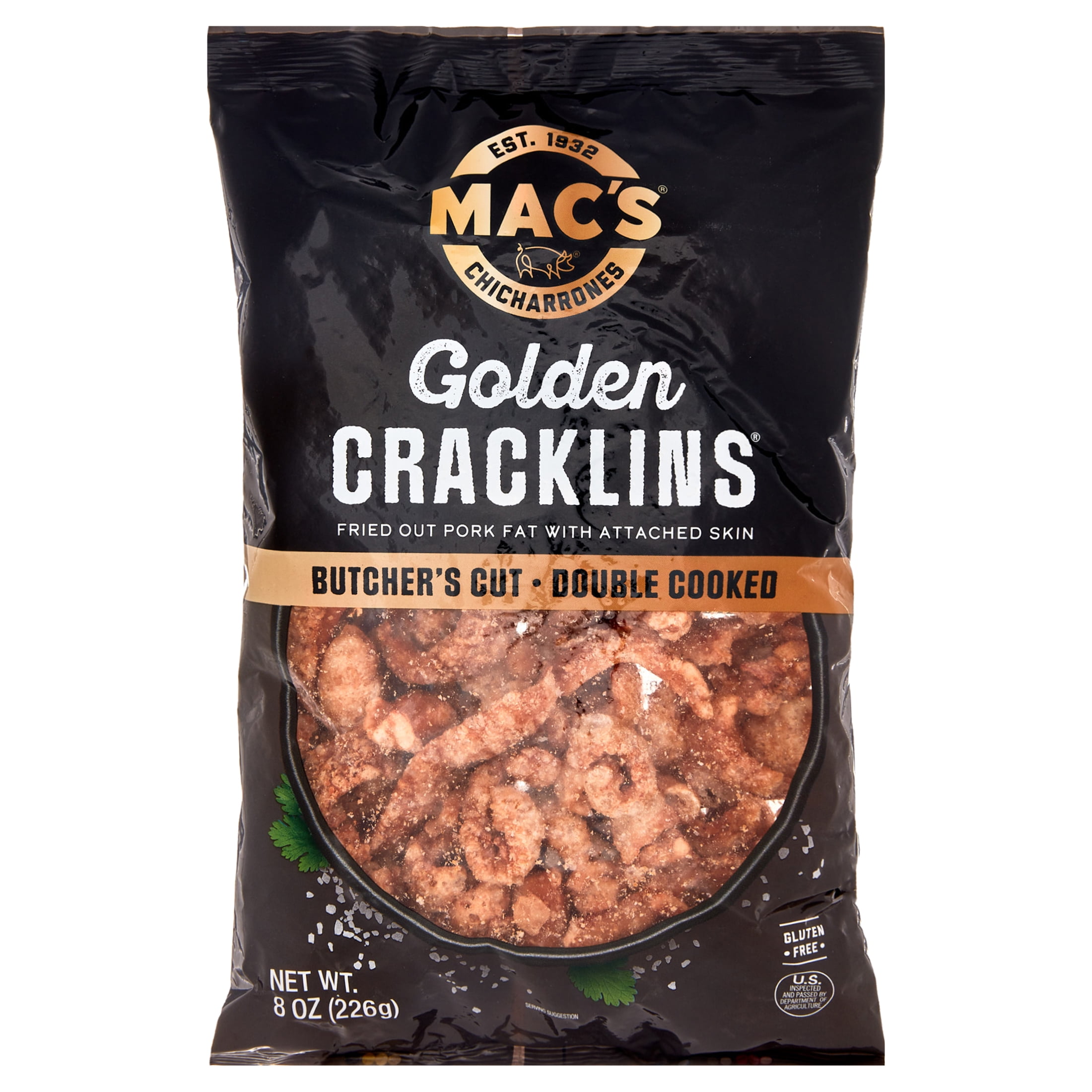 (8 pack) Mac's Chicharrones Golden Pork Cracklins, Fried Pork Fat with Skin, 8 oz Bag