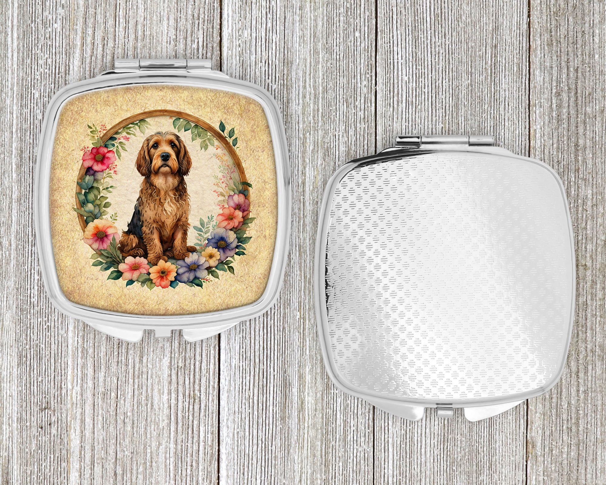 Otterhound and Flowers Compact Mirror 2.75 in x 3 in