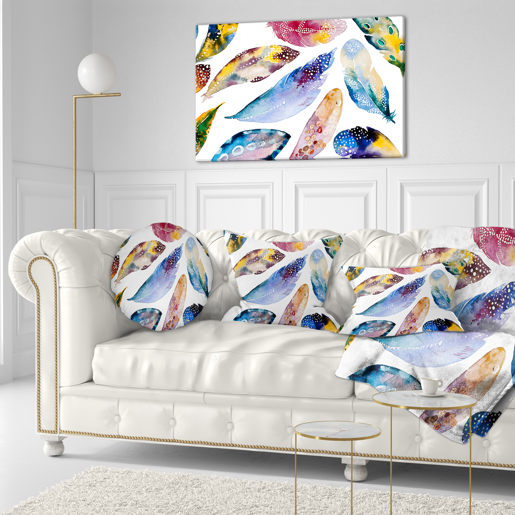 Designart Hand drawn Feather Set - Watercolor Throw Pillow - 12x20