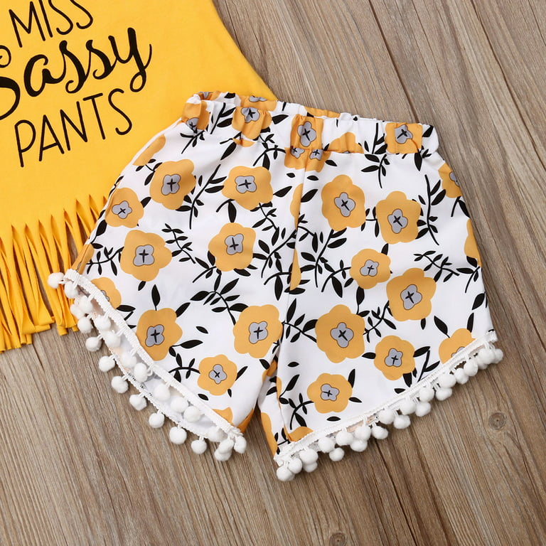Suanret Summer Toddler Baby Girls Clothes Sassy T-Shirt Tops Floral Short  Pants Outfits Yellow 1-2 Years 