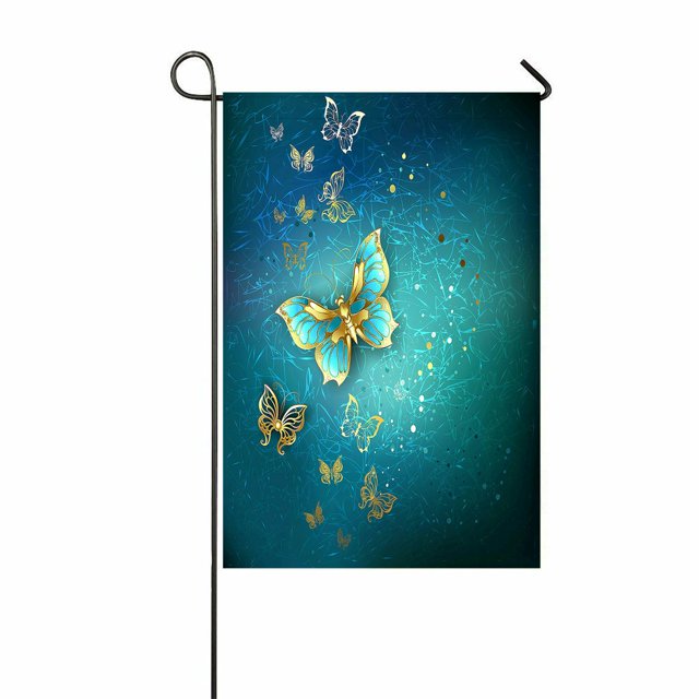 ABPHQTO Bandera de jardín al aire libre para el hogar con textura azul de mariposas doradas de lujo 30x45 cm