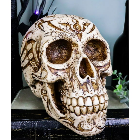 Gothic Samoan Lace Tribal Tattoo Lovers Symbols Skull Figurine 8"L Skeleton Head