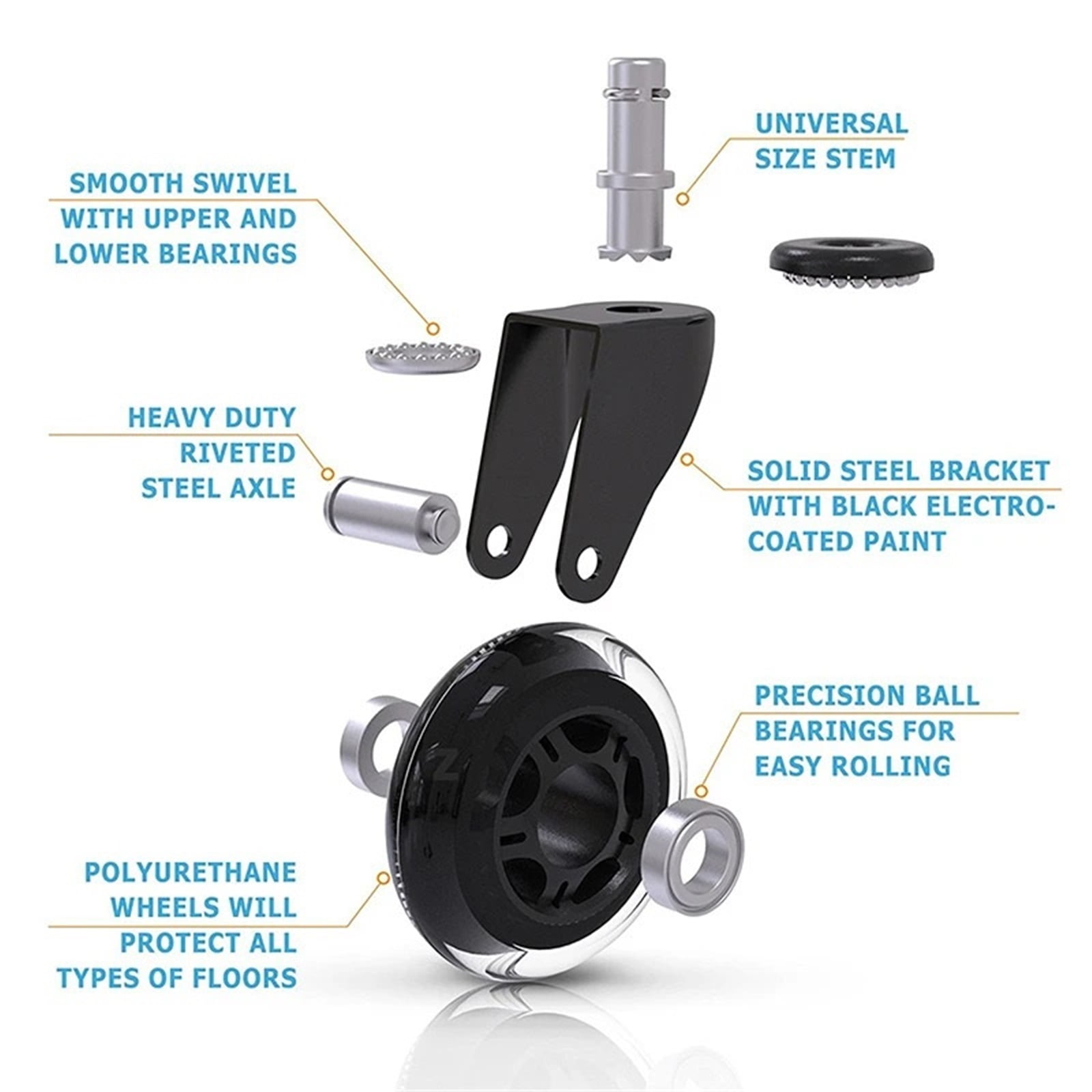 5PCS 3" Universal Mute Wheel Office Chair Caster Replacement 60KG Swivel Rubber Soft Safe Rollers Furniture Hardware ,Quiet and Smooth
