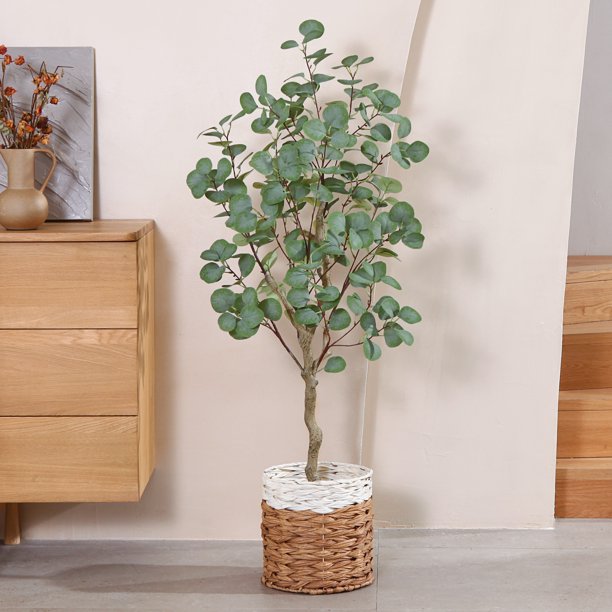 4 FT Artificial Plants Eucalyptus Silk Tree in Pot, Faux Plastic