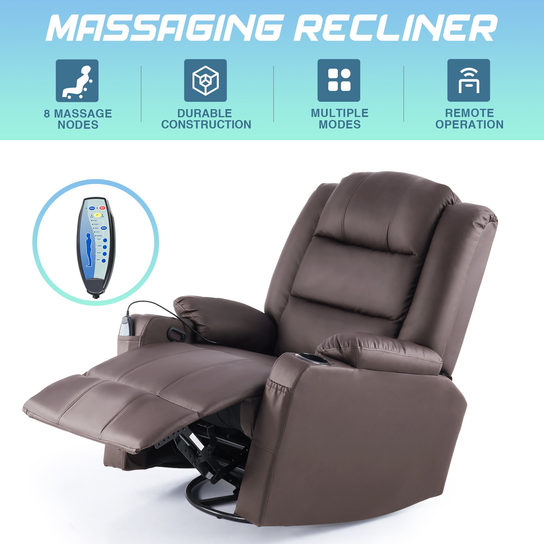 Heated Massaging Recliner Chair, Mini Sofa Gaming Chair with 360 Swivel