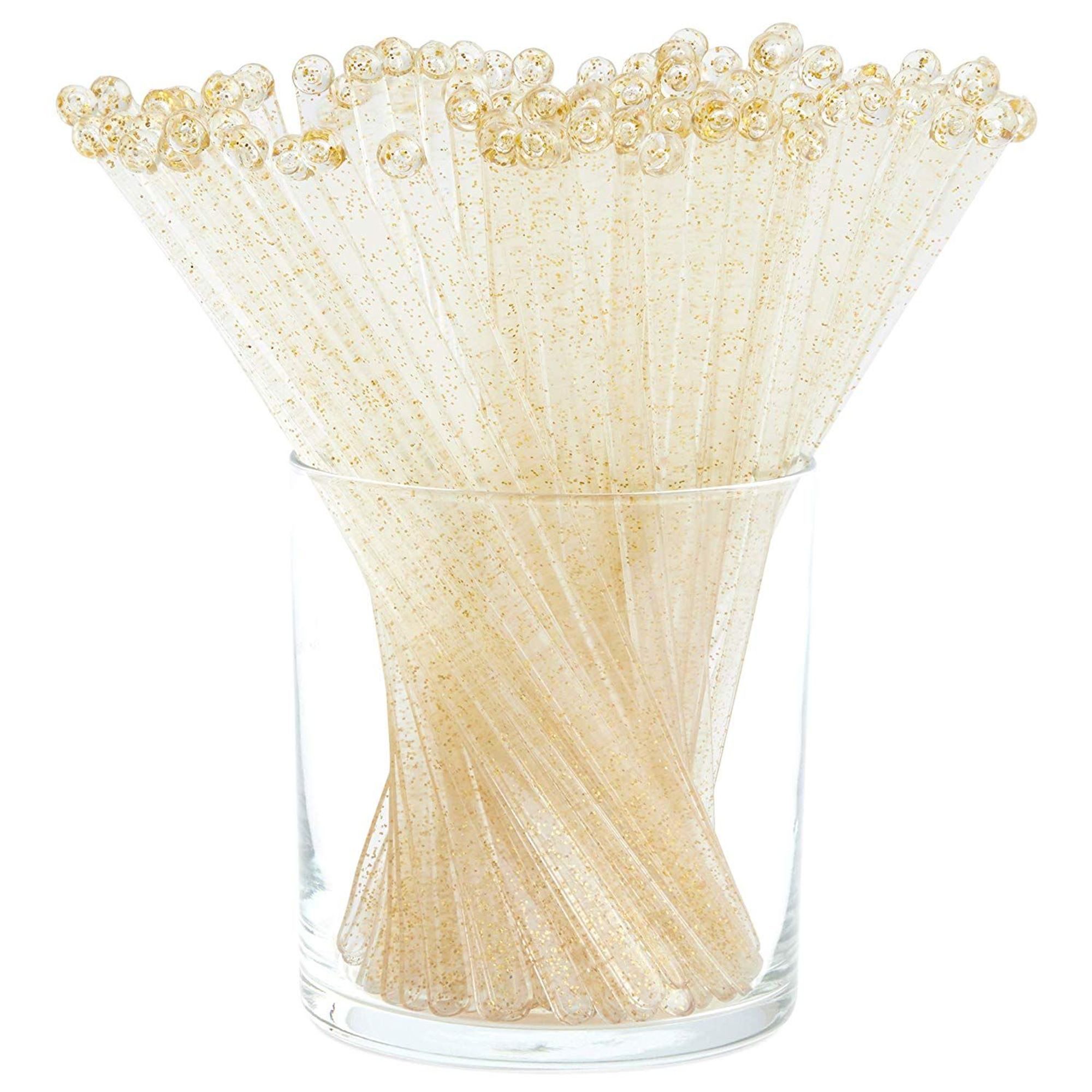 100 Packs Gold Glitter Swizzle Sticks, Plastic Disposable Stir Stick