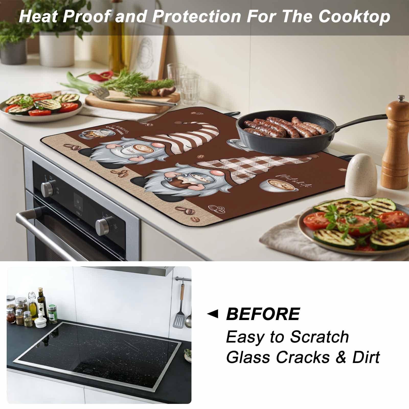 Coffee Gnomes Stove Top Cover for Electric Stove, Heat-proof & Non Slip Glass Top Stove Cover Protector, Coffee Beans Cups Brown Kitchen Flat Cooktop Rubber Mat 24x21 Inches