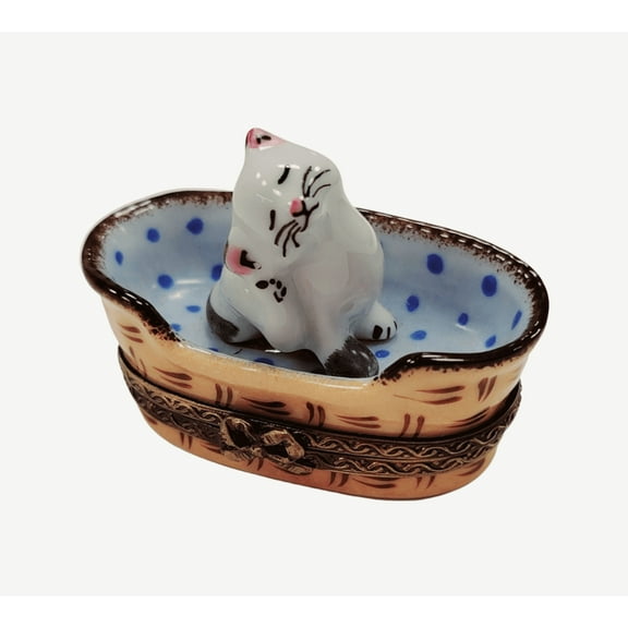White Cat in Blue Basket with Mouse Limoges Box Limoges Box Porcelain Figurine