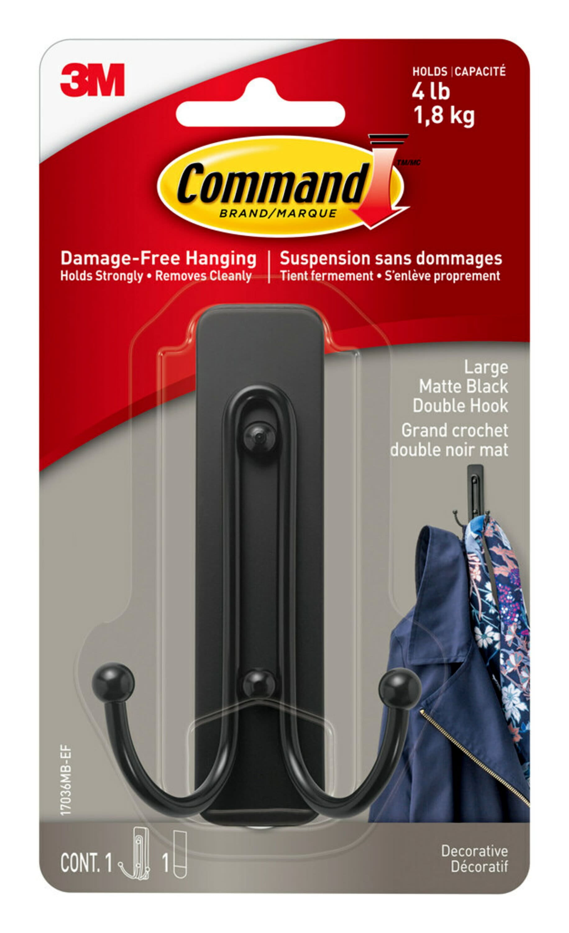 Command Large Matte Black Double Hook, 1 Hook, 1 Strip