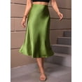 thumbnail image 5 of Women Solid High Waist Silky Casual Elastic Satin Midi Skirt Green S, 5 of 8