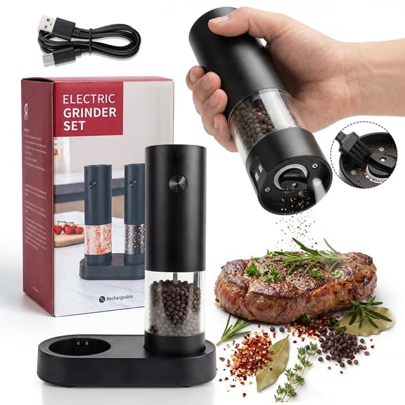 Katbite Electric Salt and Pepper Grinder Set, Battery Powered Mill, Adjustable Coarseness, LED Light