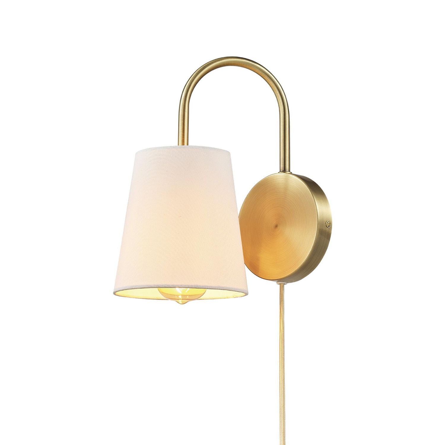 Novogratz x Globe 1-Light Matte Brass Hardwire or Plug-In Wall Sconce with White Textured Shade