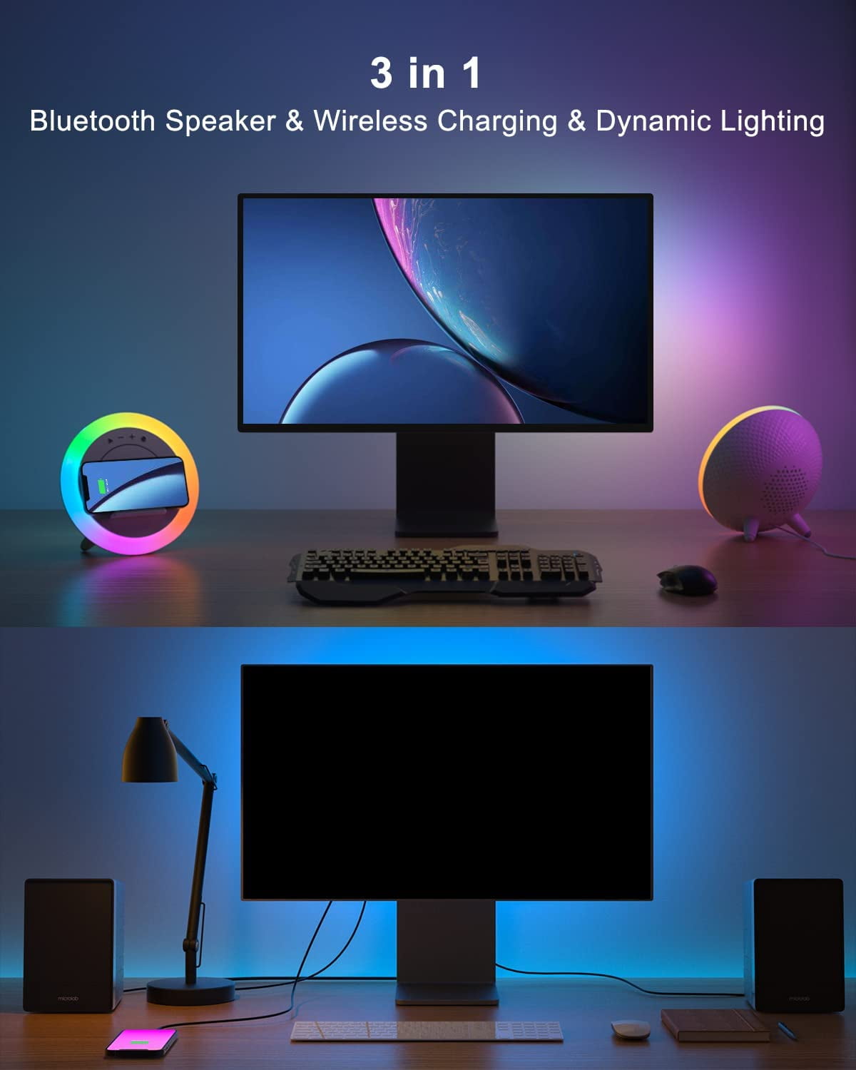 Bluetooth Speaker Night Lights, Wireless Charging Kids Speaker, Color Changing Modern Bluetooth Lamp,Teenage Boys Girls Gifts Ideas (15W Wireless Charging)