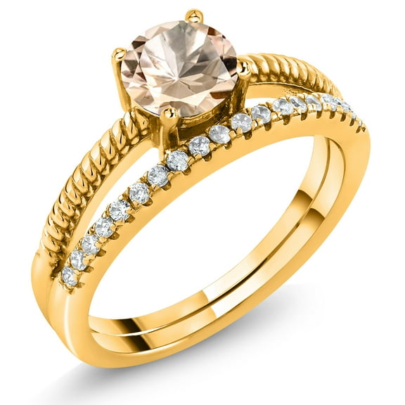Gem Stone King 18K Yellow Gold Plated Silver Peach Morganite Engagement Engagement Ring for Women (0.79 Cttw, Gemstone October Birthstone, Round 6MM, Size 7)
