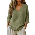 thumbnail image 2 of Women's Cotton Linen Blend T-Shirts 3/4 Sleeve V Neck Loose Fit Casual Tops Summer Pullover Shirts Daily Wear Army Green 2XL, 2 of 7
