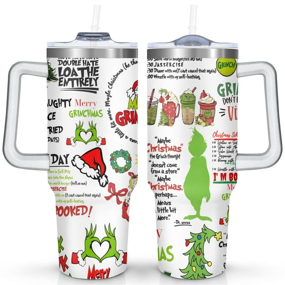 40oz Stainless Steel Tumbler with Lid and Straw,Christmas Spill Proof Travel Cup Double Wall Vacuum Insulated Coffee Mug with Handle White