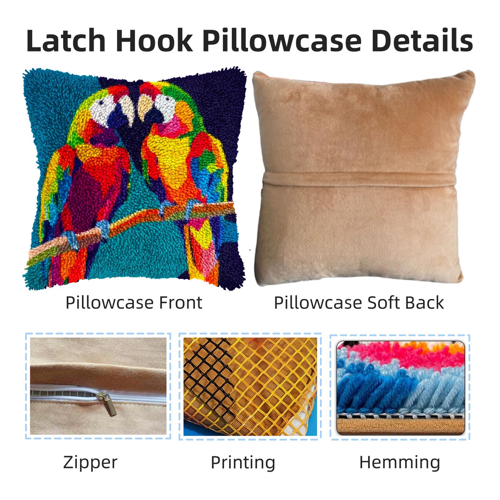 A Pair of Parrot DIY Latch Hook Pillow Kits for Adults Printed Pillowcase Crochet Yarns Hooking Handmade Pillow Cover Cushion for Home Sofa Decoration 17x17inch