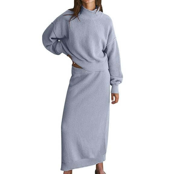 Two Piece Solid Soft Set for Women Long Sleeve Mock Neck Long Skirt Knitted Outfits Light Blue S