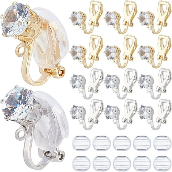 1 Box 32Pcs Gold Earring Converter Silver Earrings Clip Back Brass Non Pierced Triangle Earring Component with Crystal Rhinestone and Pads Clip on Earring Findings for Jewelry Making Supplies