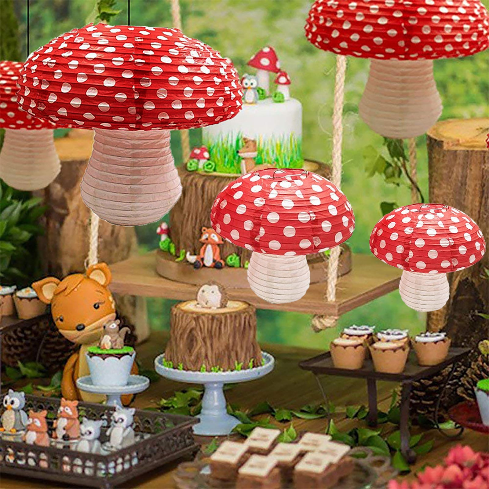 6Pcs Big and Small Mushroom Lanterns for Wonderland Party BirthdayDecorations Spring Baby Shower Wedding Party Hanging Ornament Mushroom Party Supplies Red, 2 Large 4 Middle