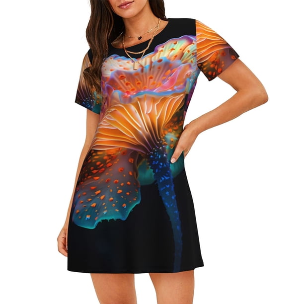 Fotbe Bioluminescent Underwater Flower Bata de Dormir para Mujer con Estampado, Camisón de Algodón de Manga Corta, Ropa de Dormir Casual