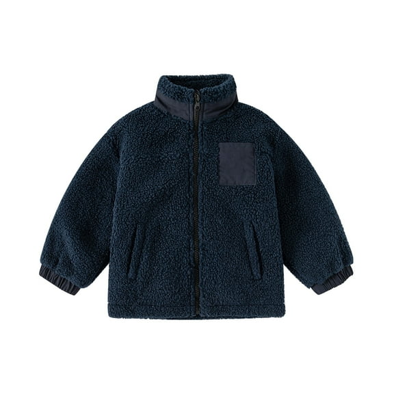 Otqutp Boys' Fall and Winter Thickened Particulate Collar Patchwork Top Coat Toddler Boys Fleece Jacket Zip Up Teddy Coat Pockets Outwear(Navy,12-18 Months)