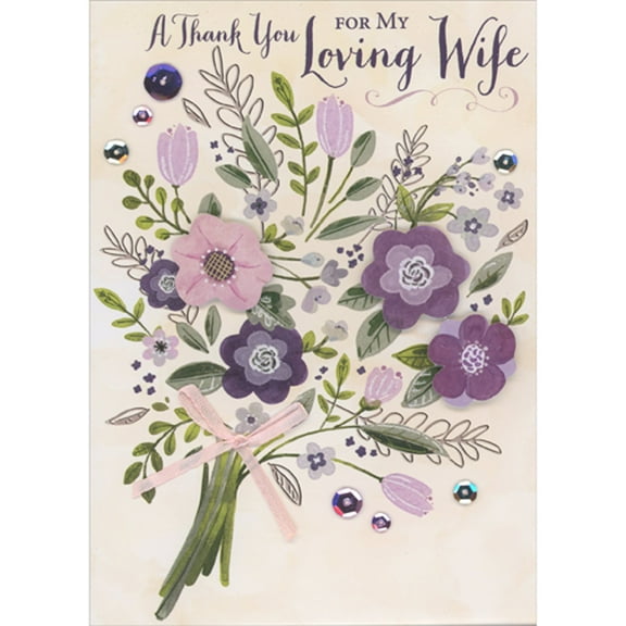Designer Greetings My Loving Wife: 3D Purple and Pink Flowers Over Green Bouquet with Pink Ribbon Hand Decorated Keepsake Mother's Day Card for Wife