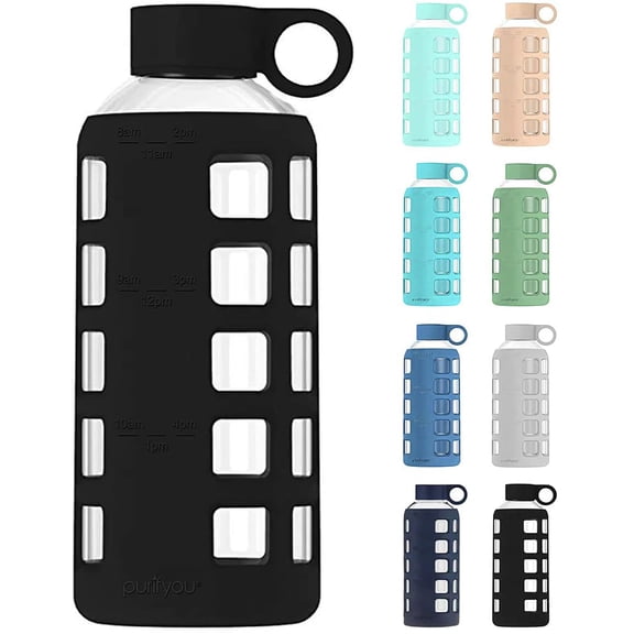 purifyou Premium 22 oz Reusable Glass Water Bottles with Time and Volume Markings, Non-Slip Silicone Sleeve & Stainless Steel Lid Insert, for Water, Milk, Juice