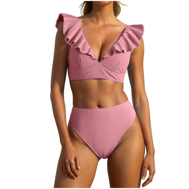 XMMSWDLA Girls Swimsuits Women'S High Waisted Solid V-Neck Ruffle Sleeve Tight Fitting Gathering Swimsuit Split Set Womens Swimsuits Bikini