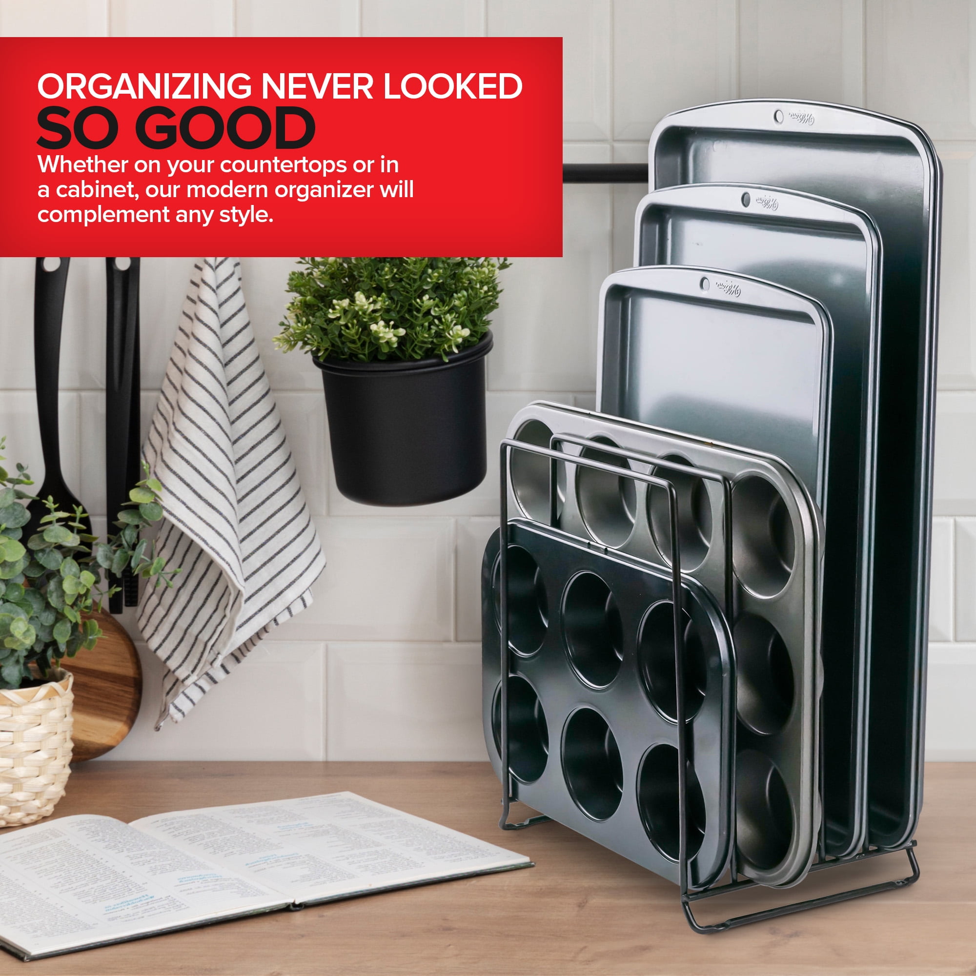 Black (2 Pack) Extra Tall Steel Baking Pan Organizer Rack for Cabinet Storage or Kitchen Counter, Cookie Baking Sheet Organizer with Dividers, Muffin Tin and Cutting Board Holder, Stock Your Home