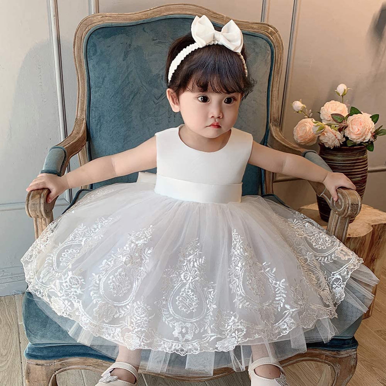 Baby Girl Pageant Lace Dress Toddler Party Bowknot Tutu Gown Dress with Headwear 