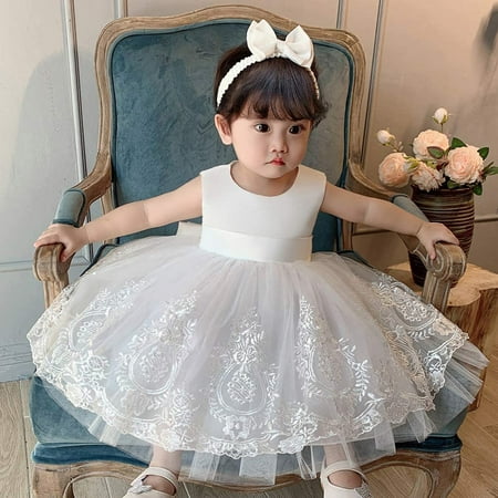 

Baby Girl Pageant Lace Dress Toddler Party Bowknot Tutu Gown Dress with Headwear