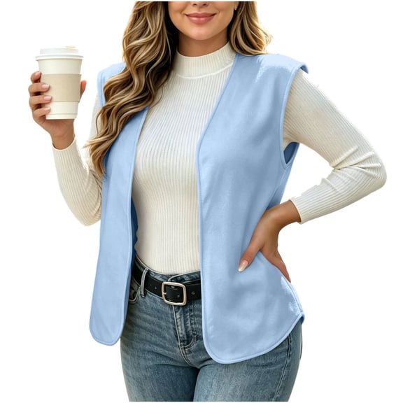 Ahabrexf Women's Plus Size Sleeveless Cardigan Vest, Open Front Fleece Upperwear, Casual Solid Color Outerwear for Fall and Winter
