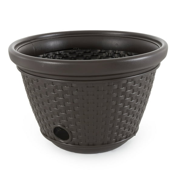 Suncast 100' Resin Wicker Garden Water Hose Caddy Storage Holder Pot, Java