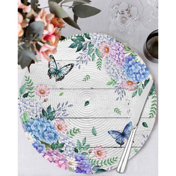 13 Inch Round Placemats Set of 6, Watercolor Flowers Non Slip Heat Insulation PP Table Mats, Spring Butterflies Floral Gray Wood Washable Place Mats for Kitchen Dining Party Table Decor
