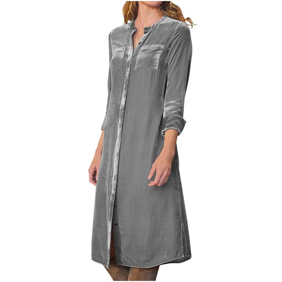 XPMWRP Women's Vintage Velvet Long Coat Button Down Side Slit Long Sleeve Solid Color Jackets Fall Winter Fashion Loose Clothes with Belt Gray L