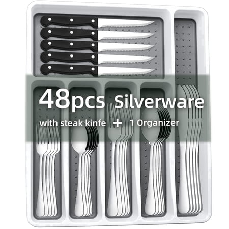 KINGSTONE 49-Piece Black Silverware Set for 8, 304 Stainless Steel Flatware with Organizer and Steak Knives, Dishwasher Safe