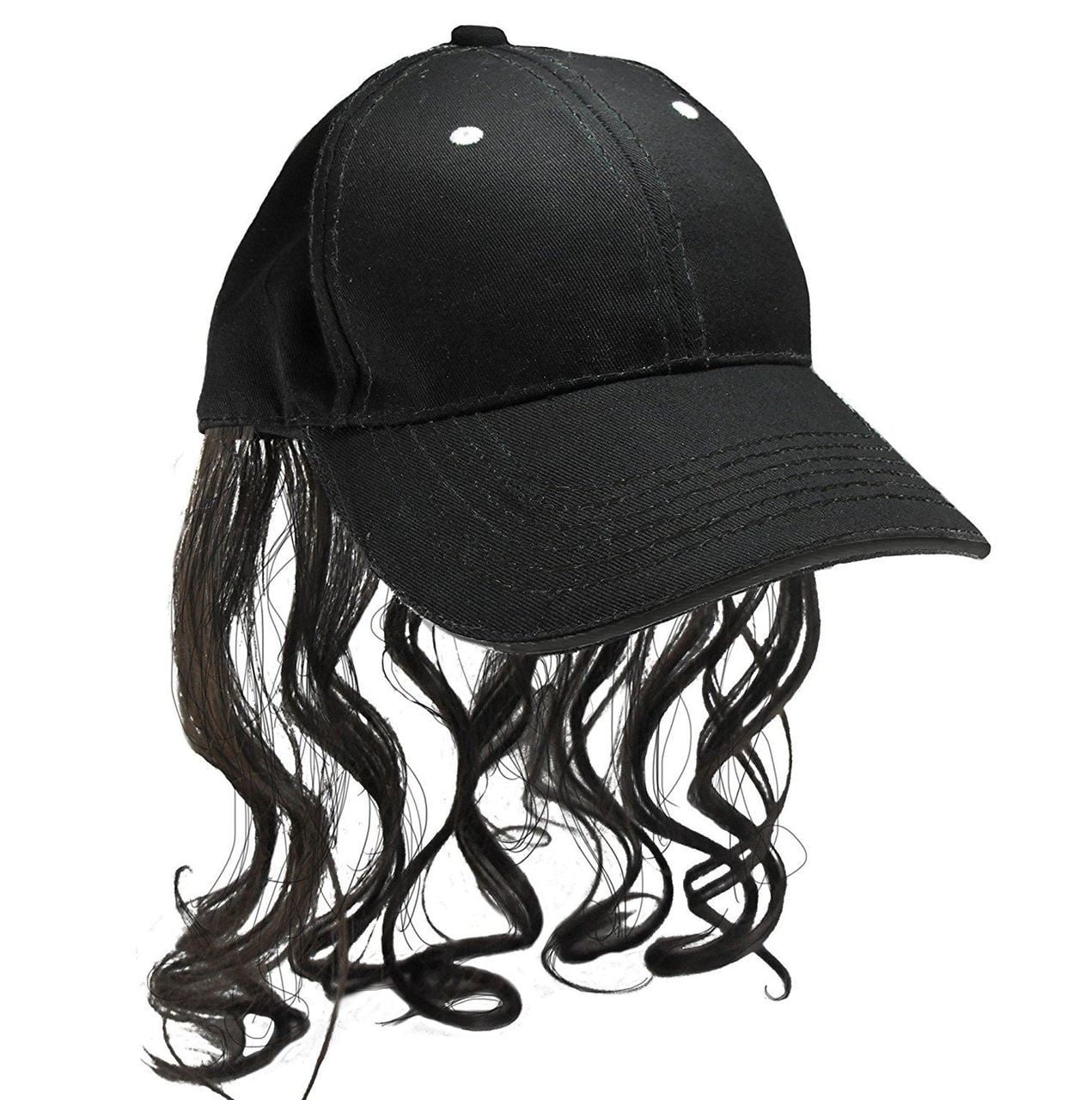 Trucker Hat Attached Mullet Costume Black Cap Hillbilly Redneck Long Brown Hair 