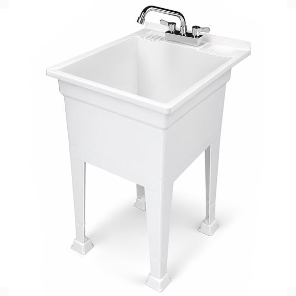 UTILITYSINKS Plastic 18” Freestanding Utility Tub Sink with Swing Faucet, White