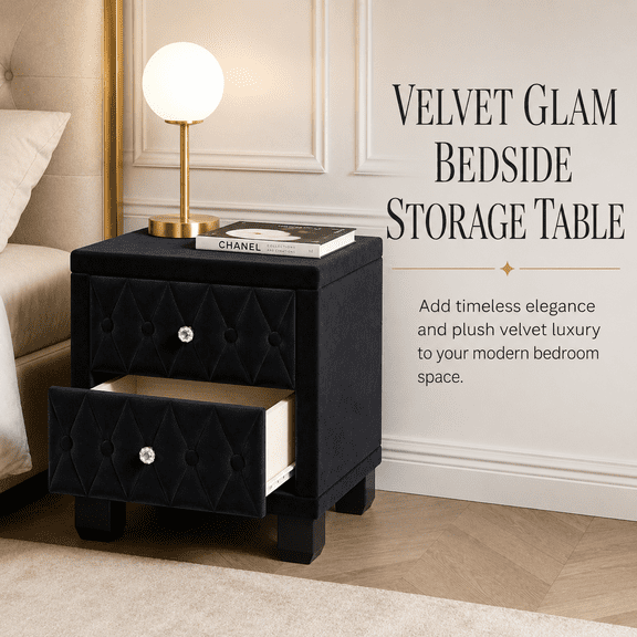 Velvet Nightstand with 2 Drawers, Tufted Fronts, Crystal Knobs, Black